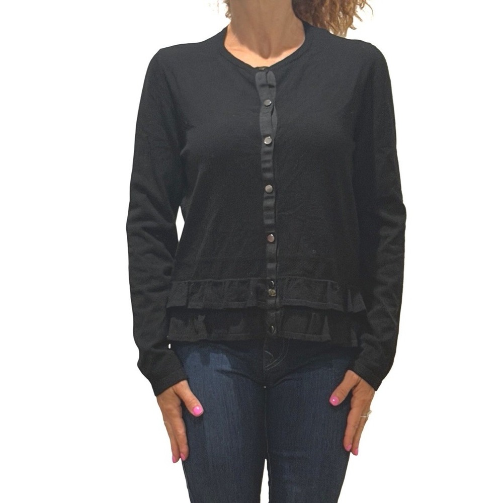Emporio Armani Black Cardigan Sweater Womens 46 Large Ruffle Peplum Knit Vintage